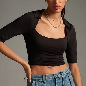 NWT By Anthropologie Collared Square-Neck Tee in Black